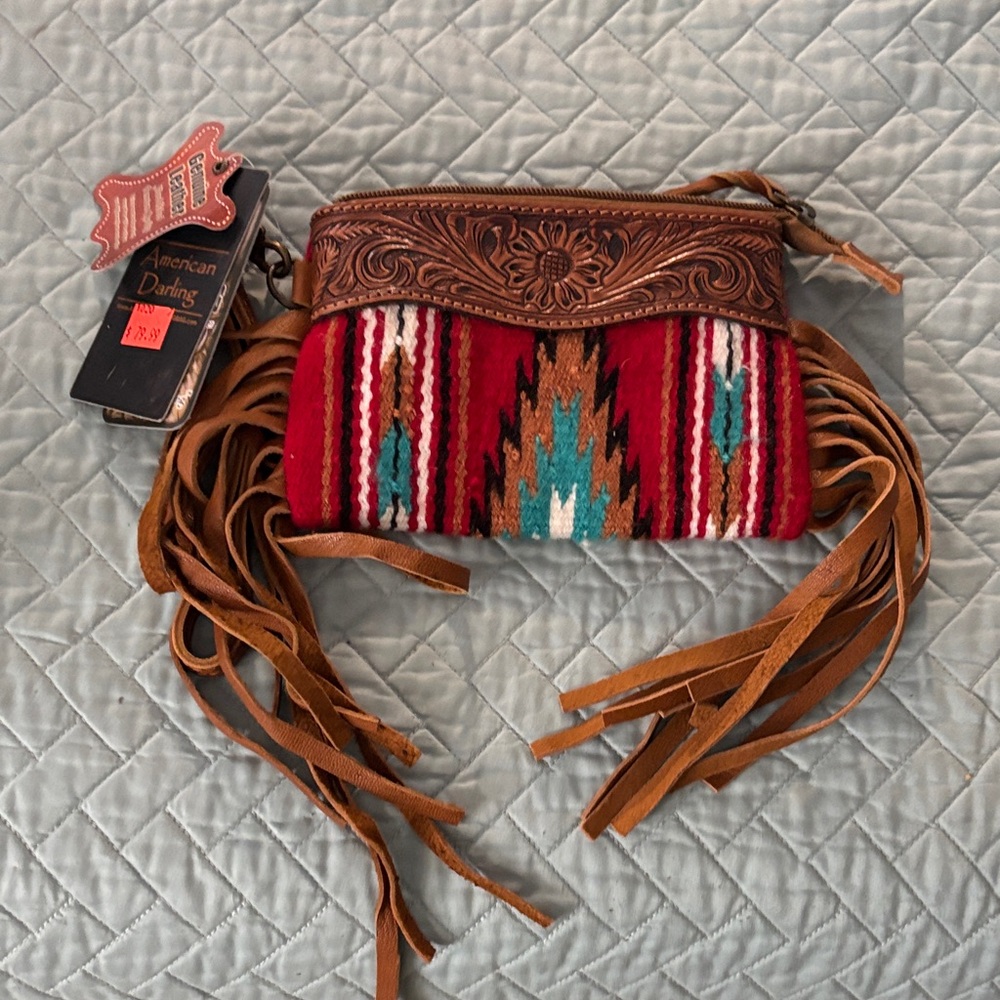 American Darling Red and Brown Fringe Clutch